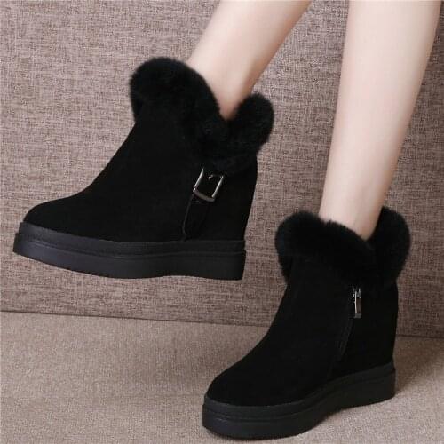Winter Platform Oxfords Shoes Women Cow Leather Wedges High Heel Ankle Boots Female High Top Round Toe Warm Fur Fashion Sneakers