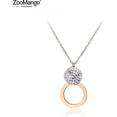 ZooMango Trendy Pave Setting Rhinestone Double Circle Chokers Pendant For Women Stainless Steel Wedding Necklace Jewelry ZN18048