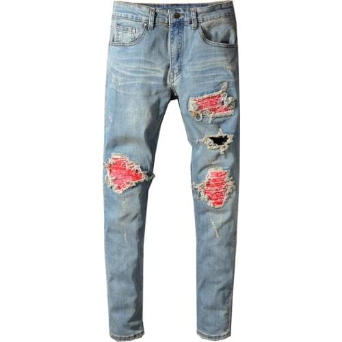 2021 Streeetwear Fashion Men Jeans Retro Blue Washed Slim Fit Ripped Jeans Broken Pants Patchwork Designer Hip Hop Jeans Men