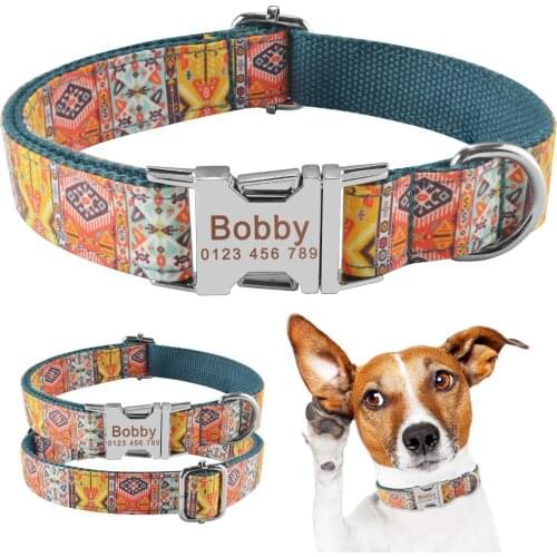 AiruiDog Dog Collar Personalized Bohemia Style Puppy Name ID Custom Engraved Metal Buckle