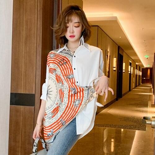 Vintage Printed Spring Blouse Shirts Women Turn Down Collar White Shirts Tops Patchwork Design with Buttons Streetwear 3XL C115