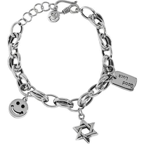 S925 sterling silver Retro Thai Silver Bracelet Smiley Six-pointed Star Lucky Brand Sweet Cool Wind Adjustable Personality