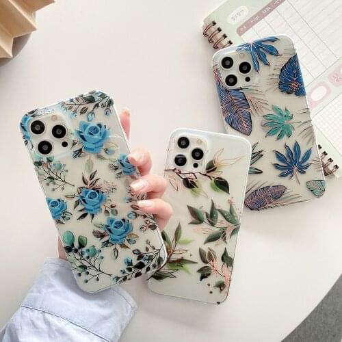 Shining Gold Plating banana leaves Cases For iphone 11 12 Pro Max XR X XS Max 8 7 Plus Blue Rose Flower Clear Plant Phone Case