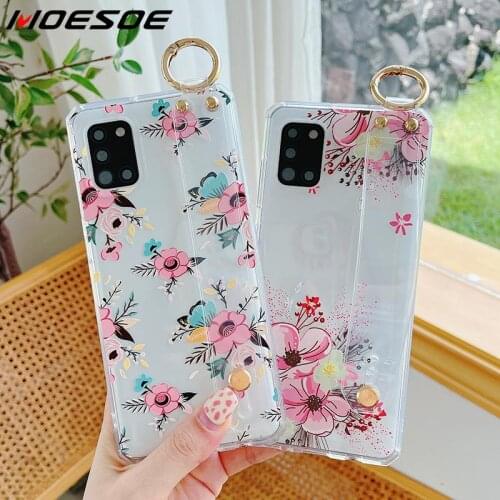 Case For Samsung S20 FE Plus S21 Ultra Quantum 2 A52 A42 A32 A22 A12 A51 A71 Clear Wrist Band Floral Case Hand Strap Stand Cover