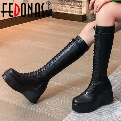 FEDONAS Sexy Flats Platform Women Women Knee High Boots Genuine Leather Night Club Shoes Woman Winter Warm Long Riding Boots
