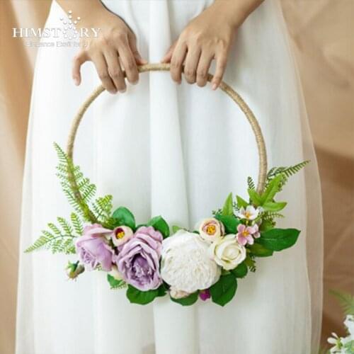 HIMSTORY Bridal Holding Silk Flowers Wedding Basket Bouquets Wedding Flower Green Leaf Bride Hand Bouquet