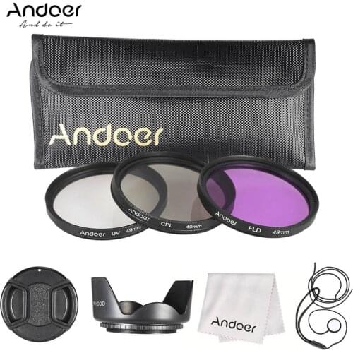 Andoer 49mm Filter Kit (UV+CPL+FLD) + Nylon Carry Pouch + Lens Cap + Lens Cap Holder + Lens Hood + Lens Cleaning Cloth