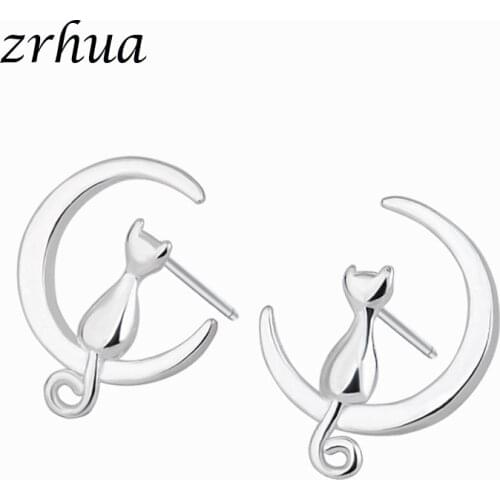 New Fashion Silver Color Moon Ear Studs Lovely Cat Moon Stud Earrings for Women Wholesale Birthday Gift Jewelry Star Earring