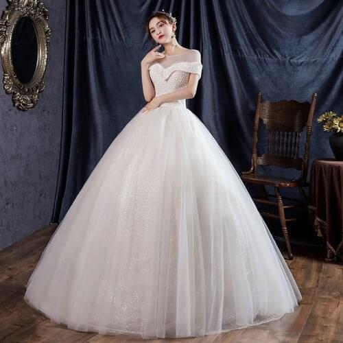 New Fashion Simple Luxury Plears Glitter Shiny O neck Wedding Dress With Sleeve Bridal Gown Vestido De Noiva Custom Plus Size