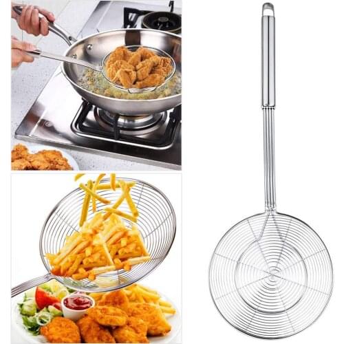 New Round Stainless Steel Frying Food Colander With Long Handle Oil Strainer Net Mesh Ladle Filter Grid Scoop Kitchen Tools Cook