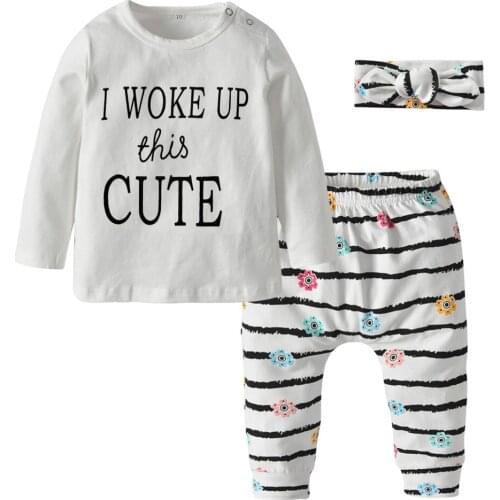 Autumn Newborn Baby Girl Clothes Cotton Long sleeve Letter I Woke Up This Cute Infant 3pcs Outfit Set Toddler Clothing
