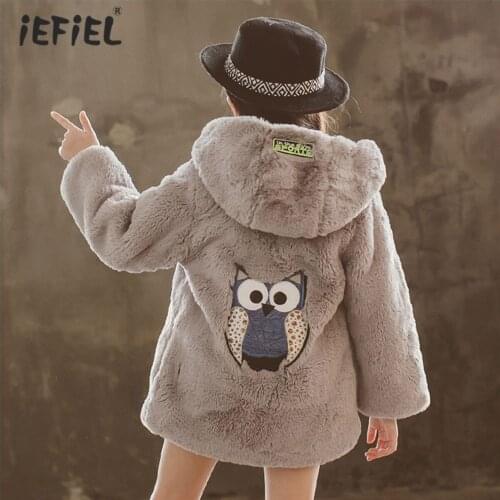 Teen Girls Faux Fur Coat Winter Warm Kids Clothes Hooded Jacket Children Outerwear Girl Cute Cartoon Owl Printed Mid-length Coat