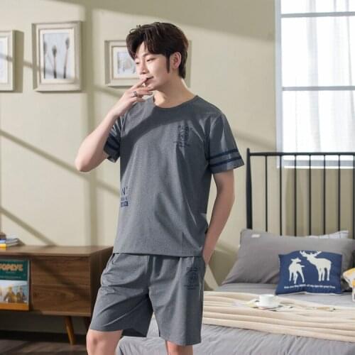 Mens Pajama Set Loose Summer Comfortable Men Sleepwear Short Sleeve Cotton Pajamas Men Elastic Waist Pant Leisure Soft Outwear