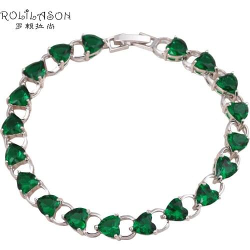 ROLILASON easy chic design Heart shape green crystal zircon Charm silver Bracelets for mothers day women fashion jewelry TBS761
