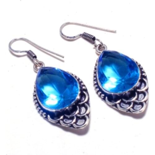 Genuine Blue Topaz Silver Overlay on Copper Earrings , Hand made Women Jewelry Gift , E5478