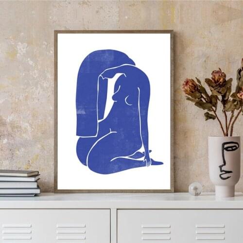Blue Abstract Female Nude Art Prints Woodblock Style Woman Figure Poster Minimalist Wall Art Canvas Painting Bedroom Home Decor