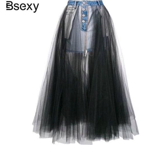 Fashion Denim Spliced Black Mesh Long Skirts WOmens 2021 High Waist See Though Ball Gown Runway Women Maxi Tulle Jeans Skirt