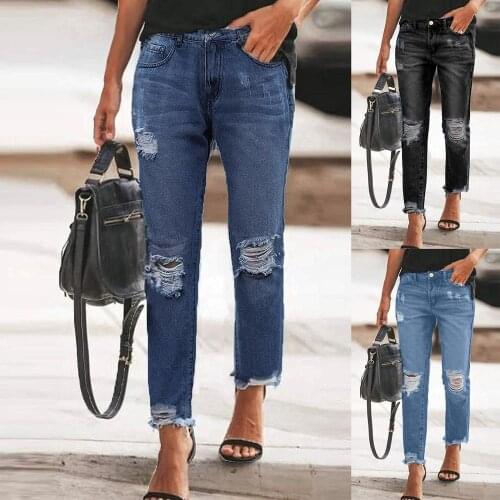 Women Solid Ripped Hole Denim Jeans Ladies Casual Pencil Pants Pantalones de mujer