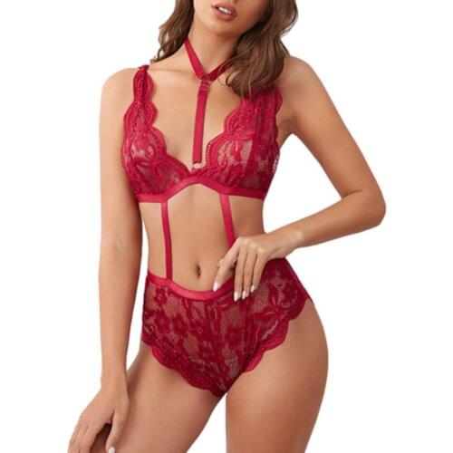 Women Perspective Short Romper Lingerie Floral Embroidery Deep V-neck Hollow Out Halter Jumpsuit