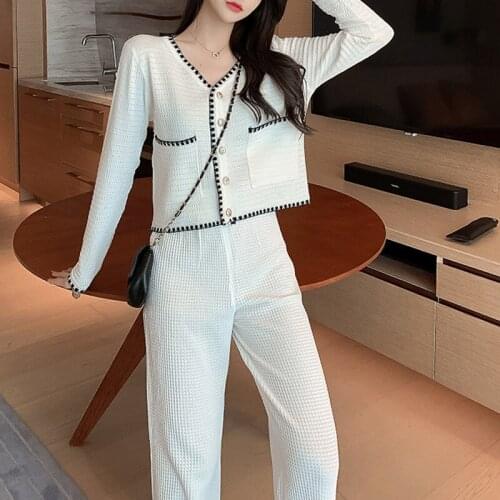 Autumn Fashion Knitting Female Two Piece Set Knitted Cardigan Sweater V-neck Long Sleeve Top + Wide Leg Pants Suit Women Y470