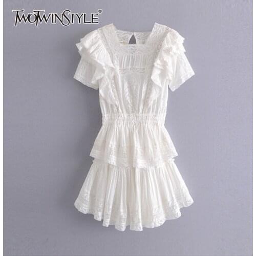 TWOTWINSTYLE Sweet White Dress For Women Square Collar Short Sleeve High Waist Patchwork Mini Dresses Female Summer Fashion 2021
