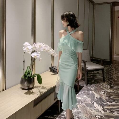 Women Ruffles Off the Shoulder Halter Dress High-end Elegant Dresses Summer Office Bandage Sexy Party Mermaid Dress Vestidos