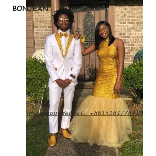 Yellow Sequins Evening Dress Mermaid 2021 Halter Floor Length Formal Evening Gown for Women