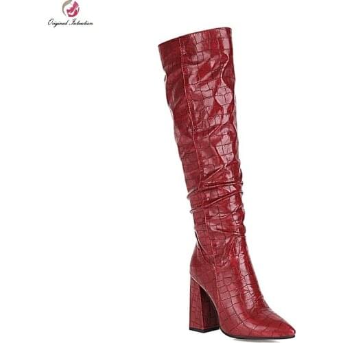 Winter Knee High Boots Women Fashion Leather Chunky High Heels Thigh High Long Boots Pointed Toe Pleated Woman Shoes Black Brown