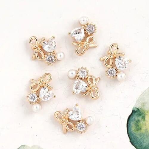 5pcs TN5253 Bow Love heart Alloy Zircon Nail Art Crystals nail jewelry Rhinestone nails accessories supplies decorations charms