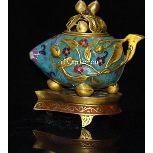 8'' bronze gild cloisonne home fengshui auspicious peach incense burner statue