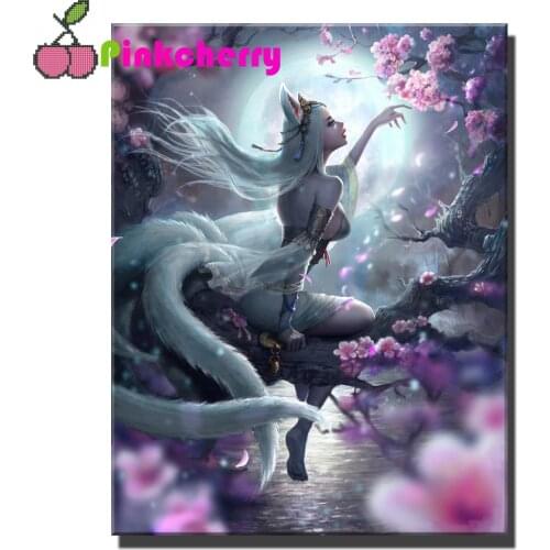 Diamond embroidery Abstract nine-tailed fox woman, flowers full square round drill diamond painting 5d diy diamond mosaic k1008