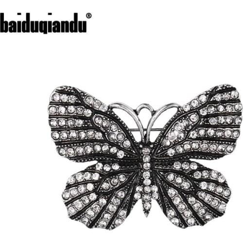 Baiduqiandu 2020 New Arrival Antique Silver Color Alloy Crystal Butterfly Brooches for Women