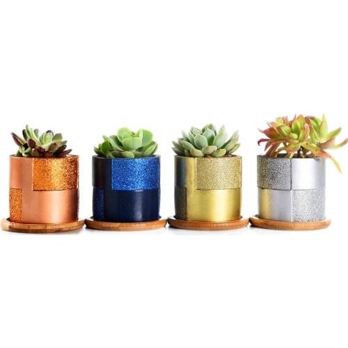 Glitter Surface Succulent Planters Cement Pots with Bamboo Tray Grey, Small Concrete Cactus Plants Pot 3.14Inch 4 In set