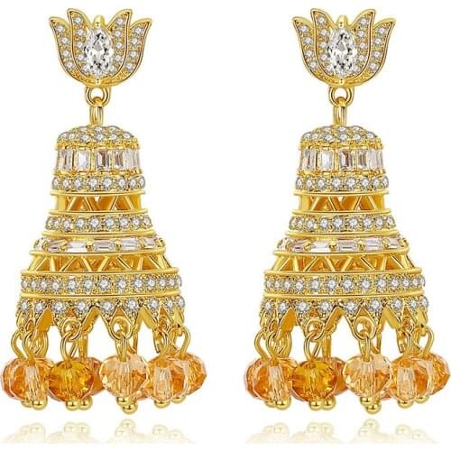 Glitter Indian Style Bell Drop Big Earrings for Women Wedding Party Bridal with Gold Breads Fashion Jewelry Gift