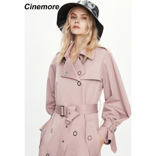 Cinemore 2020 autumn trench coat women Classic Double Breasted fashion Long British style metal buckle belt Womens coats 82007
