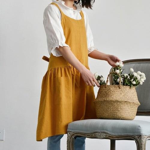 Home Restaurant Waitress Women Apron Derss Skirt Style Japanese Gardening Florist Cafe Apron BBQ Cooking Clean Bib Cotton Linen