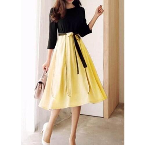 Korean Version Round Neck Seven Minute Sleeve Belted Waist Spliced Dress Lady A-word Skirt Russia Mini Dress