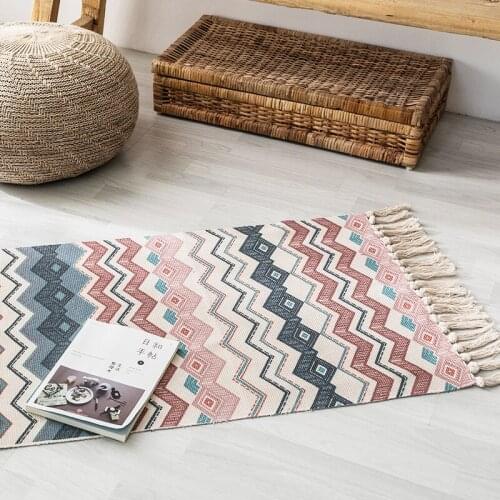 Muzzi Retro Bohemian Hand Woven Cotton Linen Carpet Rug Bedside Rug Geometric Floor Mat Living Room Bedroom Carpet Home Decor