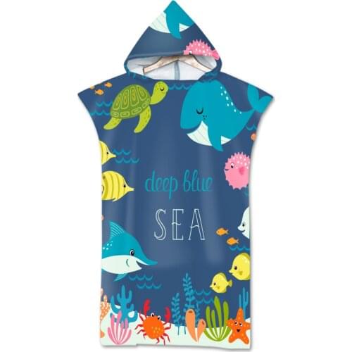 Cartoon Underwater World Printed Microfiber Robe Poncho Towel Quick Drying Hooded Beach Towel For Swim Beach Surf Bath Towel