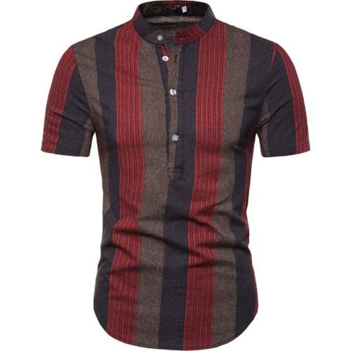 Mens short sleeve shirts fashion striped flat color men stand collar