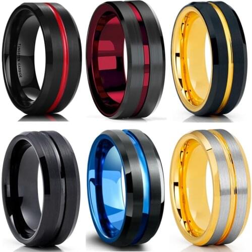 Simple Mens Tungsten Steel Ring Black Surface Brushed Inlay Red Groove Jewelry Engagement Wedding Ring For Men Anniversary Gift