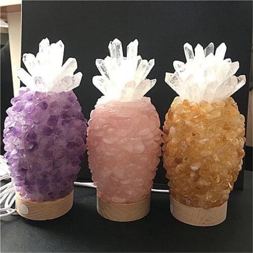 Natural LED wooden base rose quartz pineapple shaped folk crafts crystal lamp for decoration