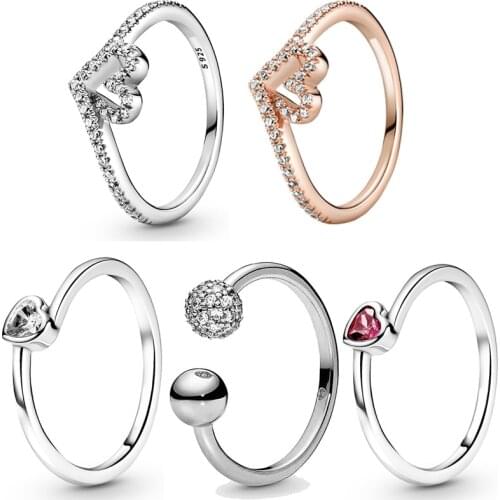 Original Polished & Pave Bead Open Wishbone Heart Tilted Heart Solitaire Ring Fit 925 Sterling Silver Ring Europe DIY Jewelry