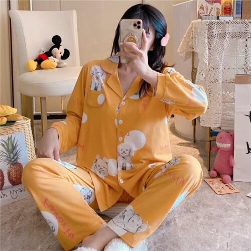 2020 Autumn Long Sleeve Print Pajama Sets Women Loose Sleepwear Suit Pyjamas Femme Loungewear Homewear Pijama Mujer Home Clothes