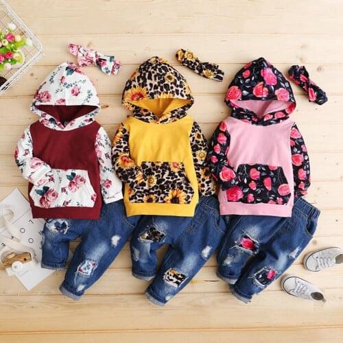 Autumn And Winter Girls' Broken Flower Leopard Print Long Sleeve Hoodie Jeans Pants Three Piece Set