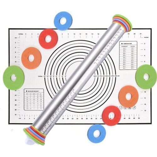 Adjustable Stainless Steel Rolling Pin Dough Mat Dough Roller 4 Removable Adjustable Thickness Rings Pizza Pastry Pie Baking