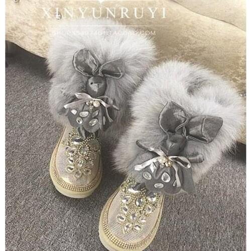 Handmade European station luxury rabbit fur leather cute Princess diamond flat womens cotton shoes increased snow boots
