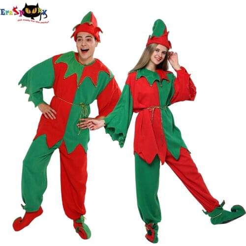 Eraspooky Unisex Plus Size Christmas Elf Cosplay Santa Claus Costume Santa Helper Suits For Adult Men Women New Year Fancy Dress