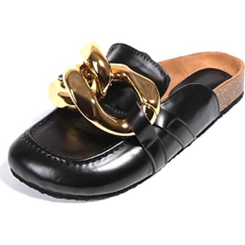 Genuine Cowhide Slippers Female in Summer Fashion The Lazy Man Sandals Big Golden Chain Decoration Round Toe Flat Beach Shoes