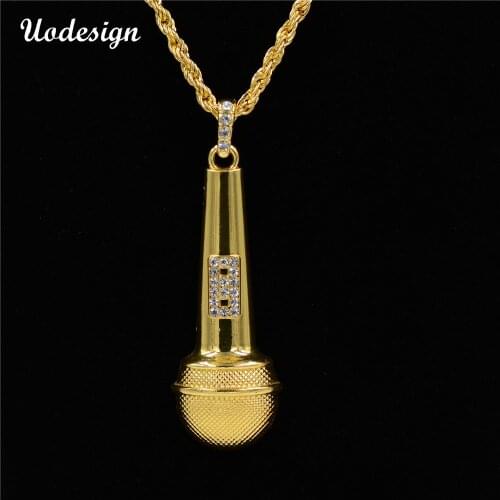Uodesign Hip Hop Gold Color Titanium Ice Out Bling Music Stereoscopic Microphone Pendant With 75cm Cuban Chain